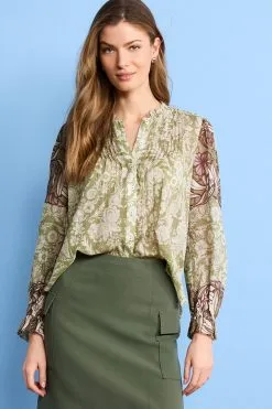 Next Green Floral Ruffle Neck Long Sleeve Blouse -Women's Shirts & Blouses Sales C78 344s5