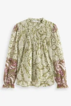Next Green Floral Ruffle Neck Long Sleeve Blouse -Women's Shirts & Blouses Sales C78 344s6