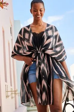 Next Pink Ikat Print Longline Tie Waist Kimono