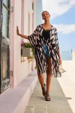 Next Pink Ikat Print Longline Tie Waist Kimono -Women's Shirts & Blouses Sales C83 372s4