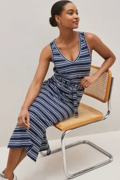 Next Sleeveless Midi V-Neck Slub Dress