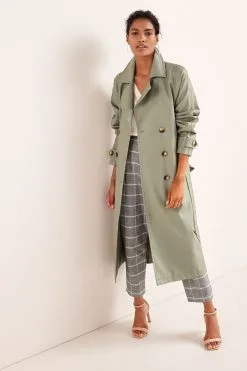 Next Sage Green Faux Leather Belted Trench Coat