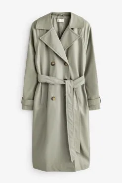 Next Sage Green Faux Leather Belted Trench Coat -Women's Shirts & Blouses Sales C84 737s6