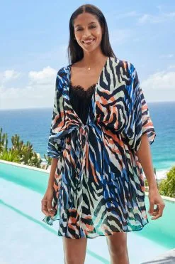 Next Orange Multi Zebra Longline Tie Waist Kimono
