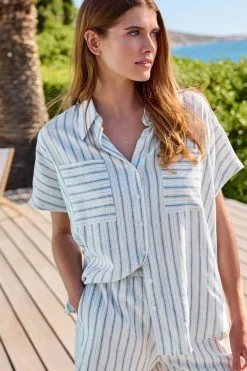 Next Blue Stripe Button Front Short Sleeve Shirt