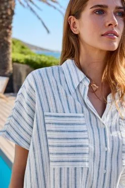 Next Blue Stripe Button Front Short Sleeve Shirt -Women's Shirts & Blouses Sales C96 334s3