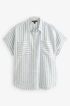Next Blue Stripe Button Front Short Sleeve Shirt -Women's Shirts & Blouses Sales C96 334s4