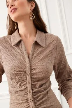 Next Long Sleeve V-Neck Ruched Front Texture Shirt -Women's Shirts & Blouses Sales D07 030s4