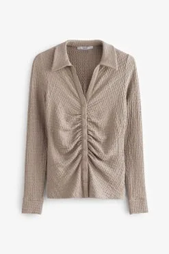 Next Long Sleeve V-Neck Ruched Front Texture Shirt -Women's Shirts & Blouses Sales D07 030s6