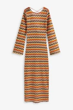 Next Orange/Neutral Long Sleeve Crochet Maxi Dress -Women's Shirts & Blouses Sales D07 089s4