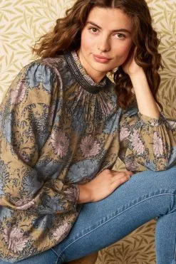 Next Ochre Yellow Floral Morris & Co. Chrysanthemum Shirred Neck Long Sleeve Top