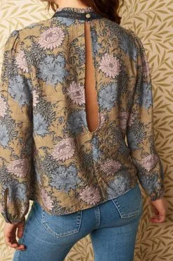 Next Ochre Yellow Floral Morris & Co. Chrysanthemum Shirred Neck Long Sleeve Top -Women's Shirts & Blouses Sales D09 676s3