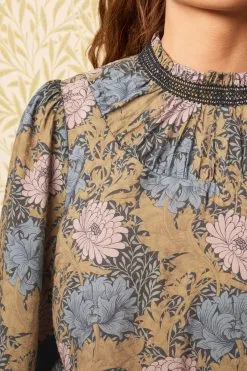 Next Ochre Yellow Floral Morris & Co. Chrysanthemum Shirred Neck Long Sleeve Top -Women's Shirts & Blouses Sales D09 676s4