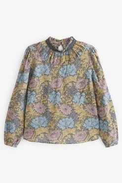 Next Ochre Yellow Floral Morris & Co. Chrysanthemum Shirred Neck Long Sleeve Top -Women's Shirts & Blouses Sales D09 676s5