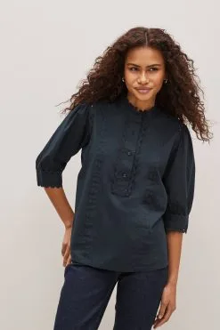 Next Craft Trim Cotton Short Sleeve Button Detail Top