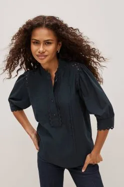Next Craft Trim Cotton Short Sleeve Button Detail Top -Women's Shirts & Blouses Sales D09569s4