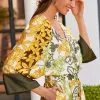 Next Khaki Green/Yellow Satin Printed Long Sleeve Top -Women's Shirts & Blouses Sales D14 189s