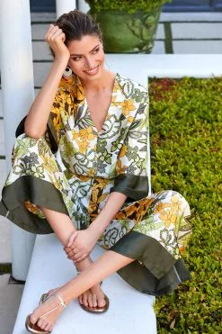 Next Khaki Green/Yellow Satin Printed Long Sleeve Top -Women's Shirts & Blouses Sales D14 189s2