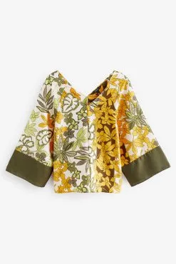 Next Khaki Green/Yellow Satin Printed Long Sleeve Top -Women's Shirts & Blouses Sales D14 189s4