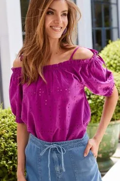 Next Bardot Broderie Puff Sleeve Top