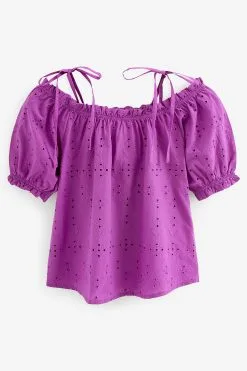 Next Bardot Broderie Puff Sleeve Top -Women's Shirts & Blouses Sales D14 664s5