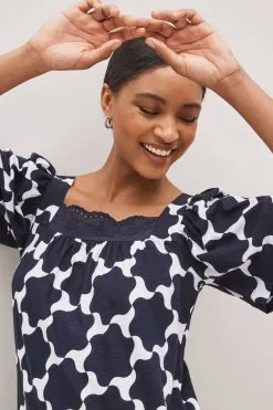 Next Square Neck Short Sleeve Broderie Trim Dress -Women's Shirts & Blouses Sales D14040s3