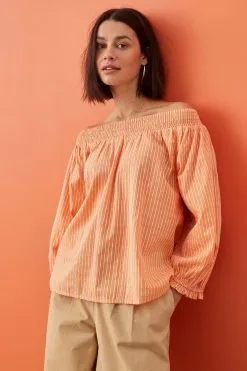 Next Orange Stripe Off The Shoulder Long Sleeve Top