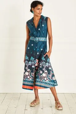 Next Navy Blue Border Print Tie Belt Sleeveless Midi Dress