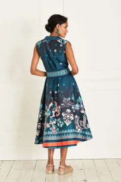Next Navy Blue Border Print Tie Belt Sleeveless Midi Dress -Women's Shirts & Blouses Sales D15 854s3
