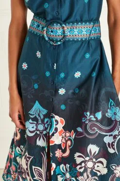 Next Navy Blue Border Print Tie Belt Sleeveless Midi Dress -Women's Shirts & Blouses Sales D15 854s4