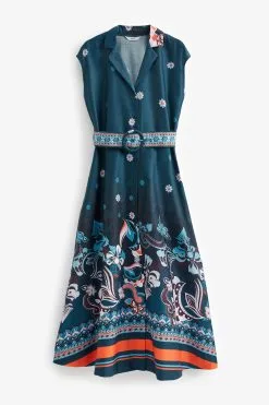 Next Navy Blue Border Print Tie Belt Sleeveless Midi Dress -Women's Shirts & Blouses Sales D15 854s5