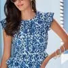 Next Blue/White Printed 100% Cotton Ruffle Sleeve Top -Women's Shirts & Blouses Sales D20 164s
