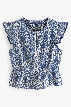 Next Blue/White Printed 100% Cotton Ruffle Sleeve Top 13 Next Blue/White Printed 100% Cotton Ruffle Sleeve Top -Women's Shirts & Blouses Sales D20 164s6