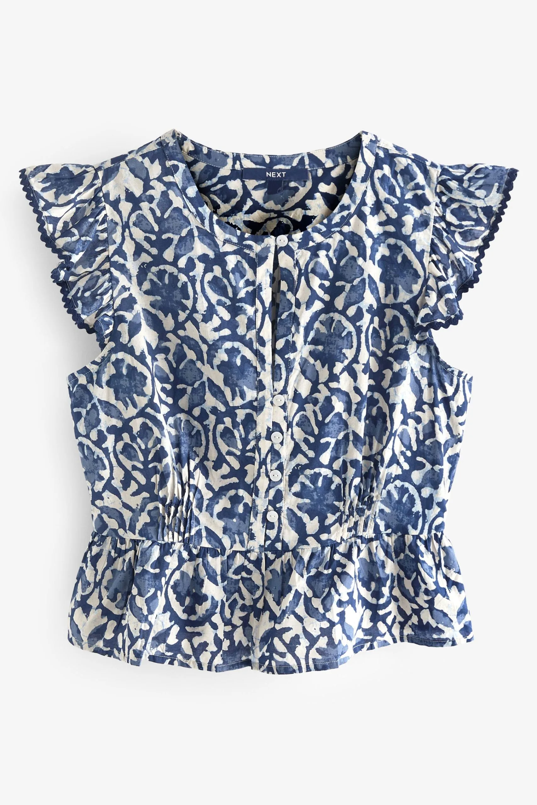 Next Blue/White Printed 100% Cotton Ruffle Sleeve Top 8 Next Blue/White Printed 100% Cotton Ruffle Sleeve Top - Image 6