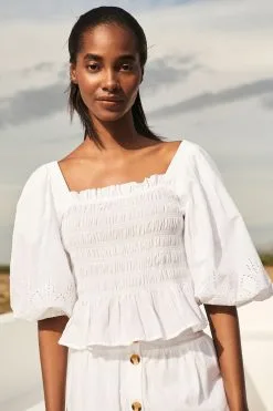 Next Cotton Shirred Top With Broidery Detail