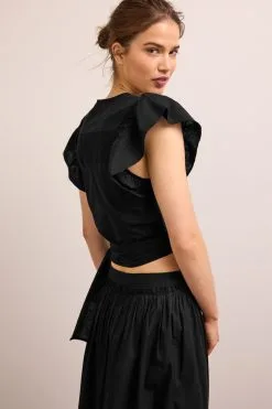 Next Black Coord Wrap Flutter Short Sleeve Top -Women's Shirts & Blouses Sales D21538s3