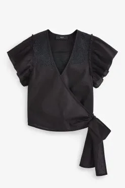 Next Black Coord Wrap Flutter Short Sleeve Top -Women's Shirts & Blouses Sales D21538s5