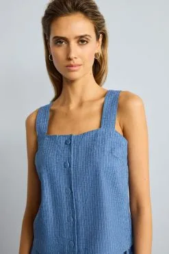 Next Blue Stripe Linen Blend Button Through Top -Women's Shirts & Blouses Sales D23 891s3