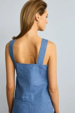 Next Blue Stripe Linen Blend Button Through Top -Women's Shirts & Blouses Sales D23 891s4