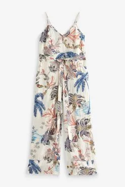 Next Ecru White Palm Print Wide Leg Jumpsuit