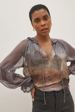 Next Long Sleeve V-Neck Sheer Blouse With Lace Trim Detail