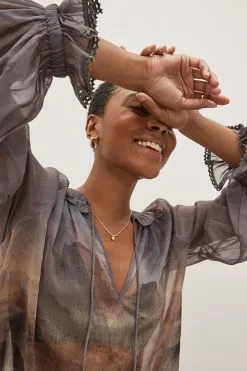 Next Long Sleeve V-Neck Sheer Blouse With Lace Trim Detail -Women's Shirts & Blouses Sales D26853s4