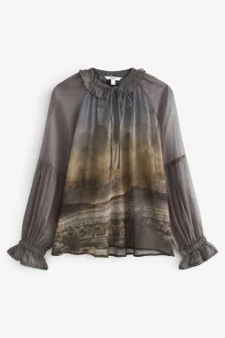 Next Long Sleeve V-Neck Sheer Blouse With Lace Trim Detail -Women's Shirts & Blouses Sales D26853s6