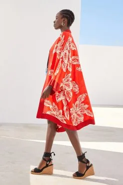 Next Red Leaf Print Longline Kimono