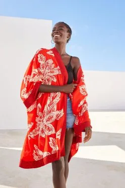 Next Red Leaf Print Longline Kimono -Women's Shirts & Blouses Sales D28 370s3