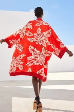 Next Red Leaf Print Longline Kimono -Women's Shirts & Blouses Sales D28 370s4