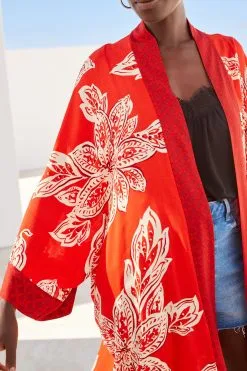 Next Red Leaf Print Longline Kimono -Women's Shirts & Blouses Sales D28 370s5