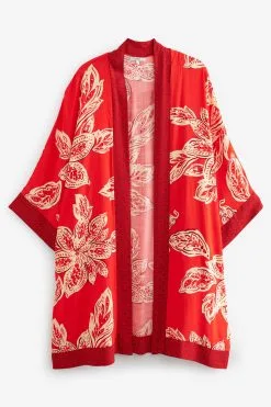 Next Red Leaf Print Longline Kimono -Women's Shirts & Blouses Sales D28 370s6
