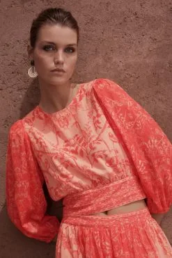 Next Red Floral Short Volume Sleeve Tie Back Top