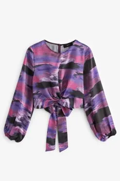 Next Knot Front Long Sleeve Satin Top -Women's Shirts & Blouses Sales D43 230s5